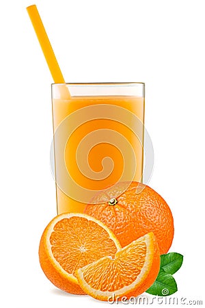 Isolated drink. Slices of orange fruit and glass of juice isolated on white with clipping path Stock Photo