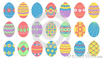 Isolated easter eggs. Dotted egg, different spring festive elements. Isolated colored holiday decorations. Floral and Vector Illustration