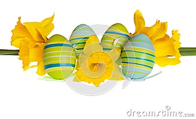 Isolated Easter Eggs and Yellow Daffodil Flowers in a Row Stock Photo