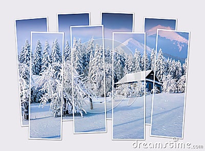 Isolated eight frames collage of picture of winter scene after heavy snowfal. Stock Photo