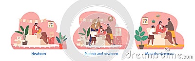 Isolated Elements With Black Family Characters Gather At Home To Meet Arrival Of A Newborn, Cartoon Vector Illustration Vector Illustration