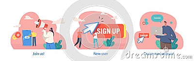 Isolated Elements with Characters Create A New Account, Clicking The Sign Up Button, Enter Details, And Verifying Email Vector Illustration