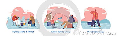 Isolated Elements with Characters Fishing On Frozen Lake. They Drill Holes, Cast Lines, Drink Tea And Patiently Await Vector Illustration