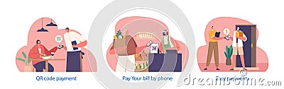 Isolated Elements with Characters Use Payment By Qr Code, Swift, Contactless Method. People Scan The Code Vector Illustration