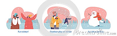 Isolated Elements with Children Eat Freshly Fallen Snowflakes with Happy Giggles. Kids Enjoying Outdoor Activities Vector Illustration
