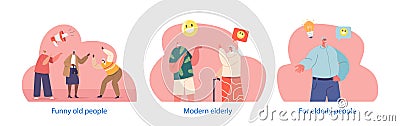 Isolated Elements with Funny Old People. Modern Elderly Characters Sharing Laughter, Showcasing Playful Pointing Gesture Vector Illustration
