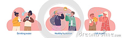 Isolated Elements with Kids Drinking Clean Water. Little Boys and Girls Characters with Cups and Bottles Enjoying Drinks Vector Illustration