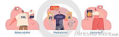 Isolated Elements with Male Female Characters Perform Before and After Weight Loss Transformation, Boosting Confidence Vector Illustration