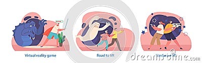 Isolated Elements With People In The Immersive Vr Team Game With Guns, Fight In Intense Battle In Virtual World Vector Illustration