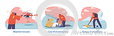 Isolated Elements With Scenes Of Dangers In Mountains. Brave Rescuers Save Lives, Scaling Heights, Evacuate Victims Vector Illustration