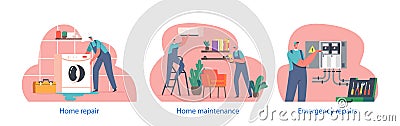 Isolated Elements With Worker Characters Repair Home. People Fixing Or Renovating House To Improve Its Functionality Vector Illustration