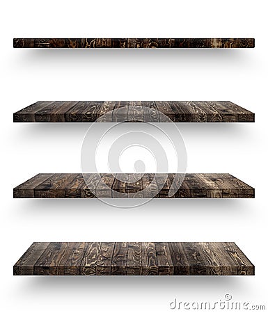 Isolated empty wooden shelf for exhibit Stock Photo