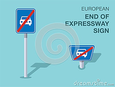 Isolated european end of expressway sign. Front and top view. Vector Illustration