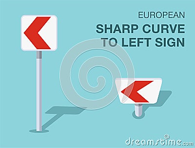 Isolated european sharp curve to left chevron sign. Front and top view. Vector Illustration