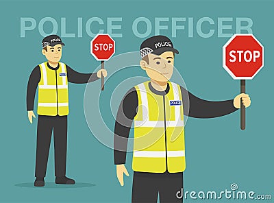 Isolated european traffic police officer holding a stop sign. Perspective front view. Vector Illustration