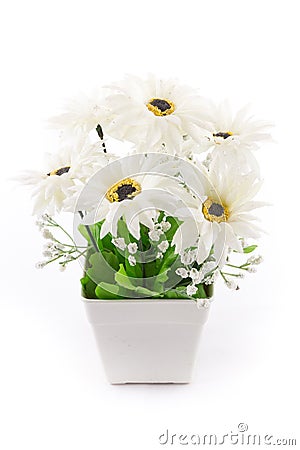 Isolated of fake flower with vase on white Stock Photo