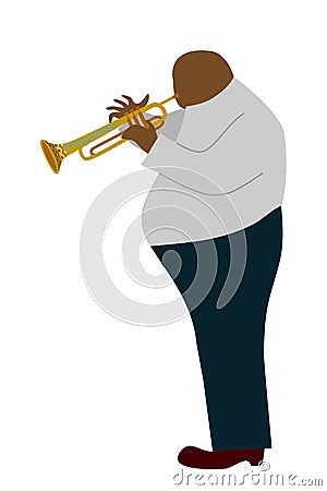Isolated fat Black man playing trombone cartoon character, flat doodle vector Vector Illustration