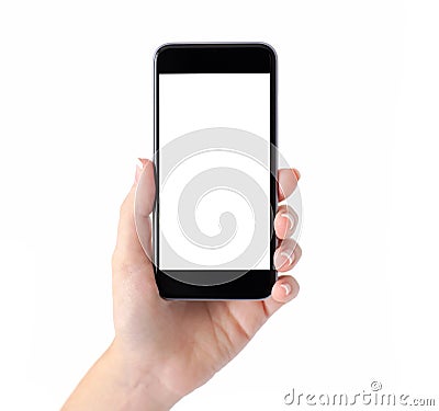 Isolated female hand holding a phone with white screen Stock Photo