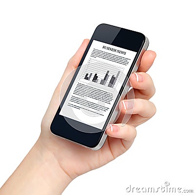 Isolated female hand holds the phone with business news on scree Stock Photo