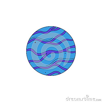 Isolated fictional abstract striped planet on white background. Blue colors. Space object in surrealistic cartoon style Vector Illustration