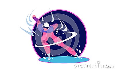 Speed skater. Man cartoon character skating on ice rink. Vector Illustration