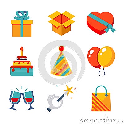 Isolated flat icons set Gift, Party, Birthday Vector Illustration