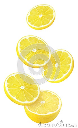 Isolated flying lemons. Falling sliced lemon fruit isolated on white background with clipping path. Stock Photo