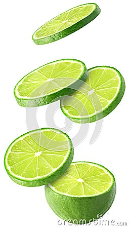 Isolated flying limes. Falling sliced lime fruit isolated on white background with clipping path. Stock Photo