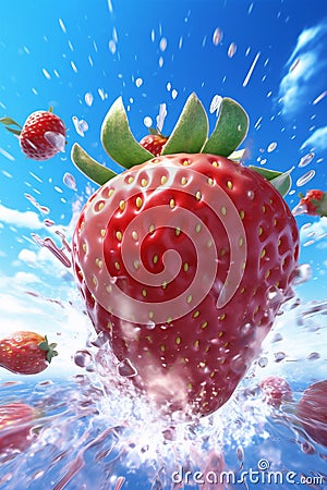 water fresh background red healthy splash blue fruit freshness strawberry food. Generative AI. Stock Photo