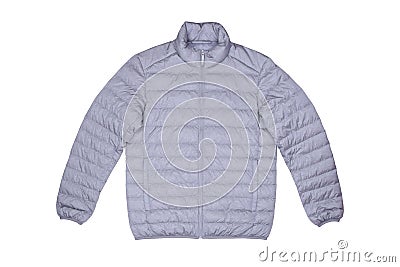 Isolated front view gray down jacket on wooden background Stock Photo