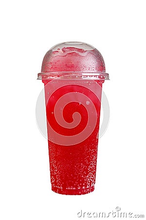 Isolated Front View of Iced Strawberry Water in plastic cup with plastic cap. Studio shot Stock Photo