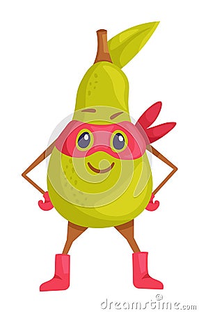 Isolated funny fruit pear superhero in cape and mask Vector Illustration
