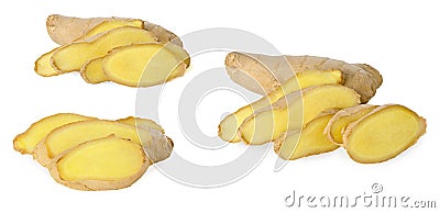 Isolated ginger. Ginger spice root and segments with yellow flesh isolated on white background Stock Photo