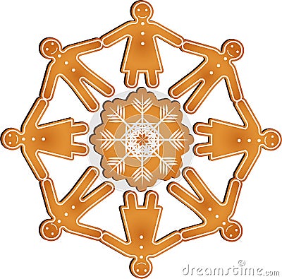 Isolated gingerbread men and women hold hands in circle standing on the gingerbread snowflake Stock Photo