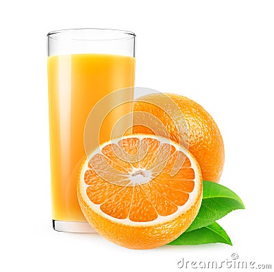Isolated glass of orange juice and fruits Stock Photo