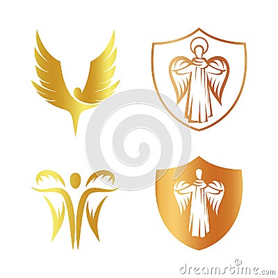 Isolated golden color angel silhouette logo set, shield with religious element logotype collection,coat of arm with Vector Illustration