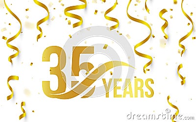 Isolated golden color number 35 with word years icon on white background with falling gold confetti and ribbons, 35th Vector Illustration