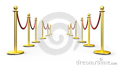 Isolated golden fence, stanchion with red barrier rope. Luxury, VIP concept. Equipment for events. Perspective lines. 3d Cartoon Illustration