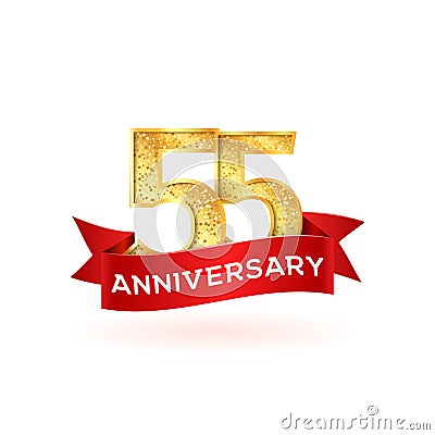 Isolated golden fifty-five birthday numbers with red ribbon. 55th anniversary vector illustration Cartoon Illustration