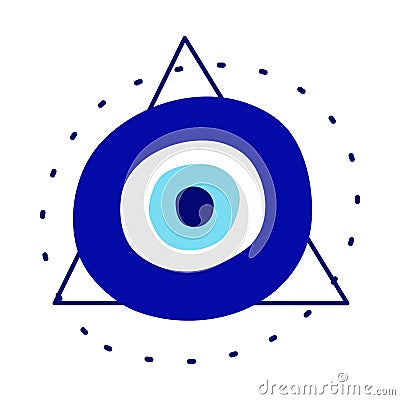 Isolated Greek amulet of the evil eye in the pyramid.Turkish amulet with blue eyelashes and protection in a triangle Vector Illustration