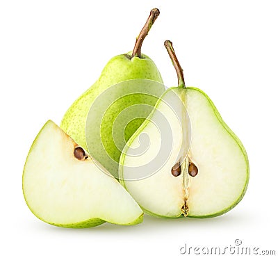 Isolated green pear fruits. Two green pears and a piece isolated on white background with clipping path. Stock Photo