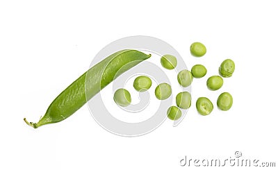 Isolated green pods. Sweet green pea. Top view. White background Stock Photo