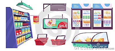 Isolated grocery store fridge cartoon vector set Vector Illustration