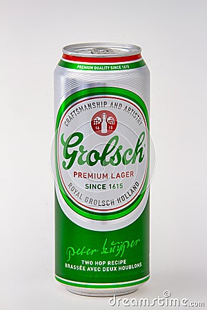 An isolated Grolsch Tallboy Beer Can on a white background Editorial Stock Photo