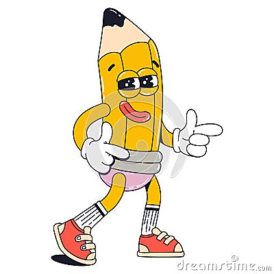 Isolated groovy character walking yellow crayon in gloves in flat retro classic cartoon style of 60s 70s Vector Illustration