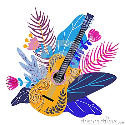 Isolated Guitar and Bright tropical leaves on white background. Hand drawing flat doodles vector Vector Illustration