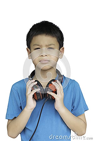 Isolated Hand asian boy holding headphone on a white background with clipping path Stock Photo
