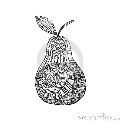 Isolated hand drawn black outline pear on white background. Ornament of curve lines. Vector Illustration