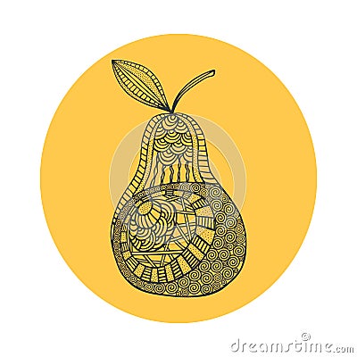 Isolated hand drawn black outline pear on yellow round background. Ornament of curve lines. Vector Illustration