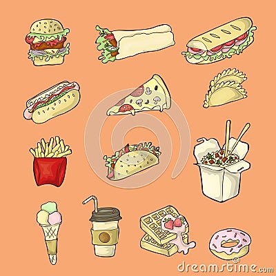 Isolated hand drawn fast food illustrations on orange background. Vector Illustration